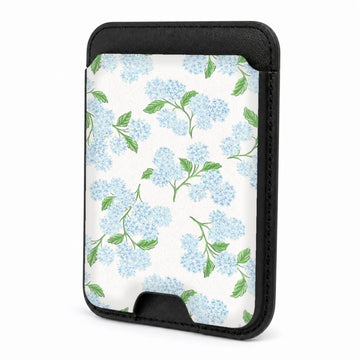Front view of the Blue Hydrangea Botanical MagSafe card holder on a white background