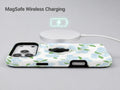 Blue Hydrangea Botanical MagSafe Loop iPhone Case shown with a MagSafe-compatible wireless charger attached