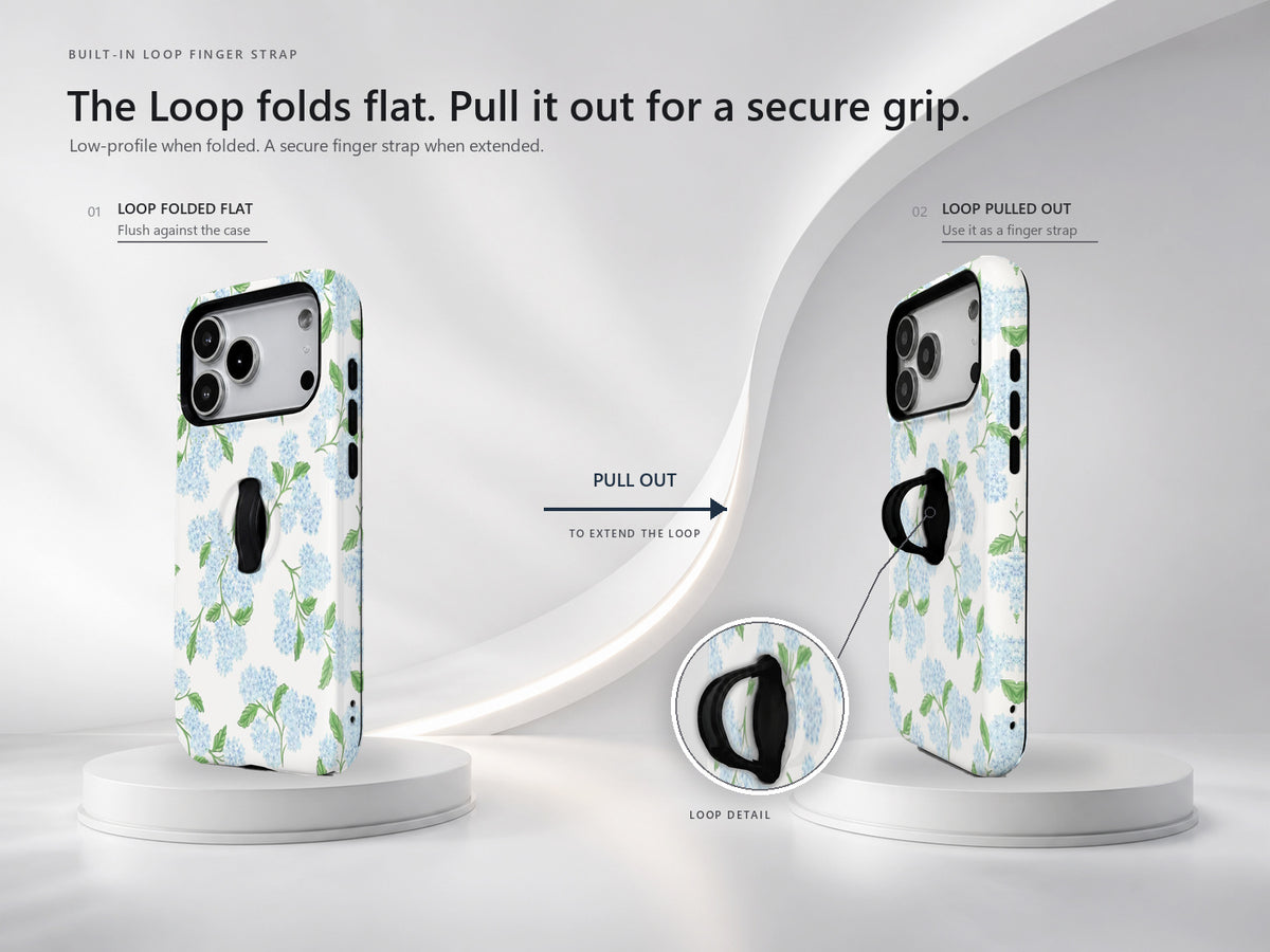 Blue Hydrangea Botanical MagSafe Loop iPhone Case side view showing the built-in finger loop