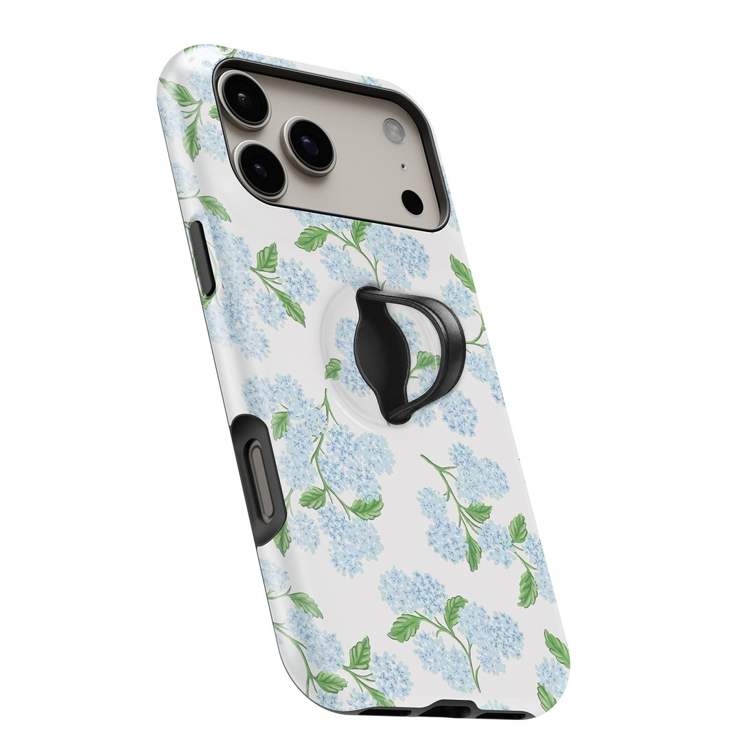 Blue Hydrangea Botanical MagSafe Loop iPhone case with built-in finger loop open