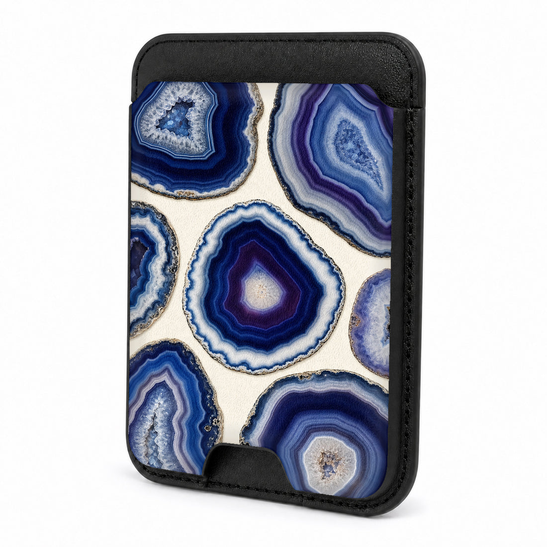 Front view of the Blue Purple Agate Geode MagSafe card holder on a white background