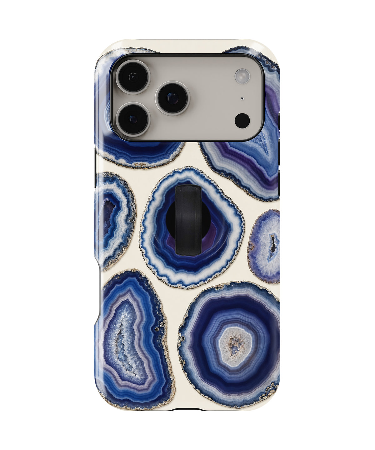 Blue Purple Agate Geode MagSafe Loop iPhone Case with built-in finger loop closed