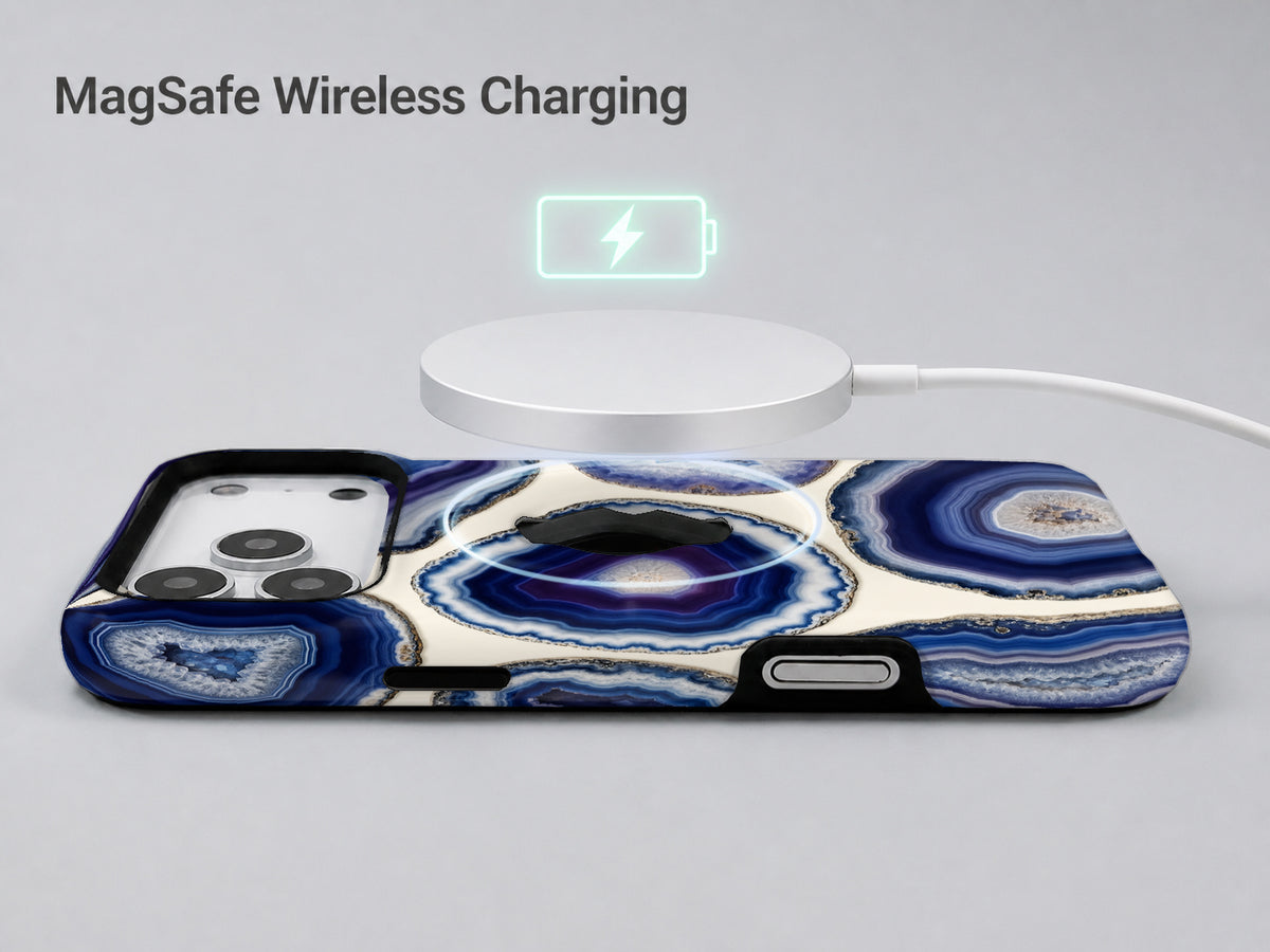 Blue Purple Agate Geode MagSafe Loop iPhone Case shown with a MagSafe-compatible wireless charger attached