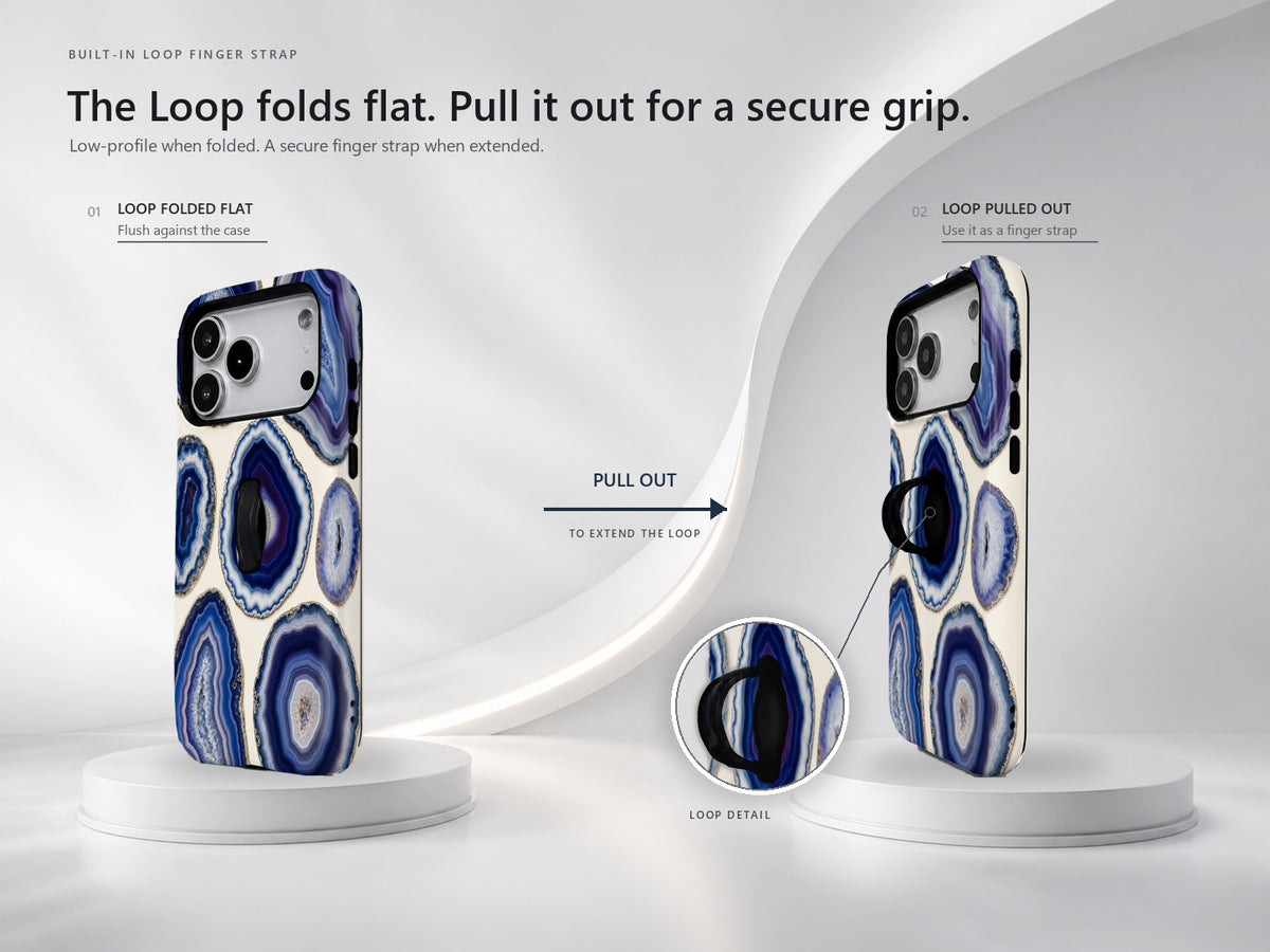 Blue Purple Agate Geode MagSafe Loop iPhone Case side view showing the built-in finger loop