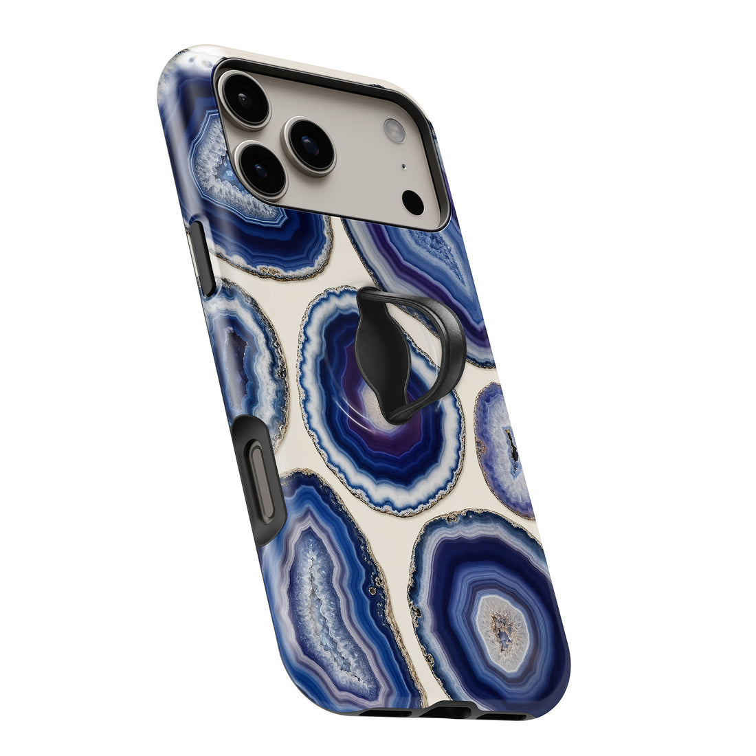 Blue Purple Agate Geode MagSafe Loop iPhone case with built-in finger loop open