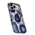 Blue Purple Agate Geode MagSafe Loop iPhone case with built-in finger loop open