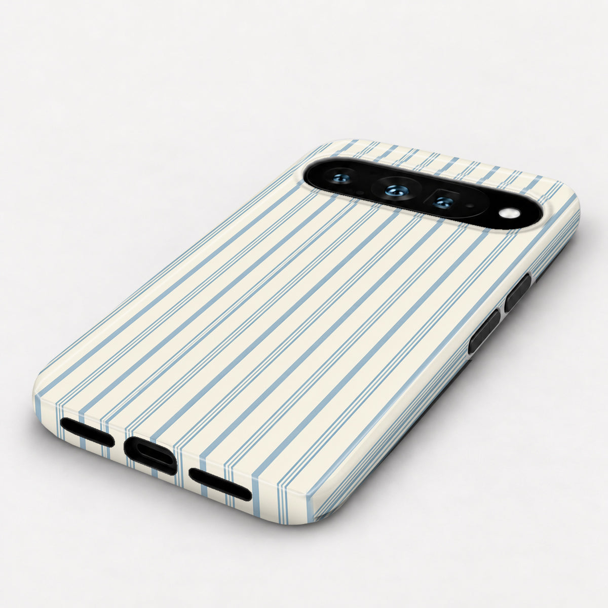 Blue Sage and Cream Vertical Stripe Google Pixel Case - angled bottom view