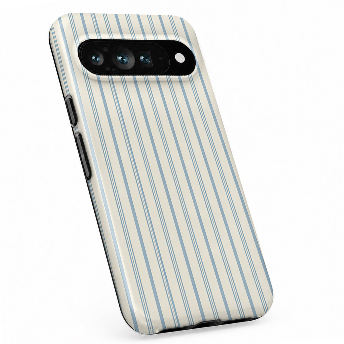 Blue Sage and Cream Vertical Stripe Google Pixel Case - standing angled view
