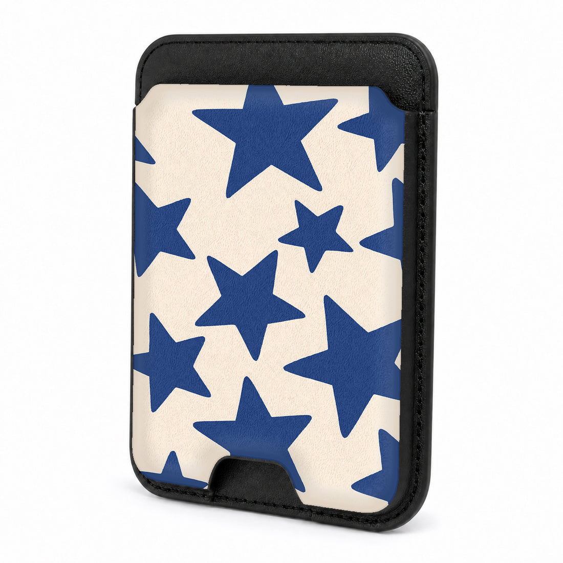 Front view of the Blue Star Pattern MagSafe card holder on a white background