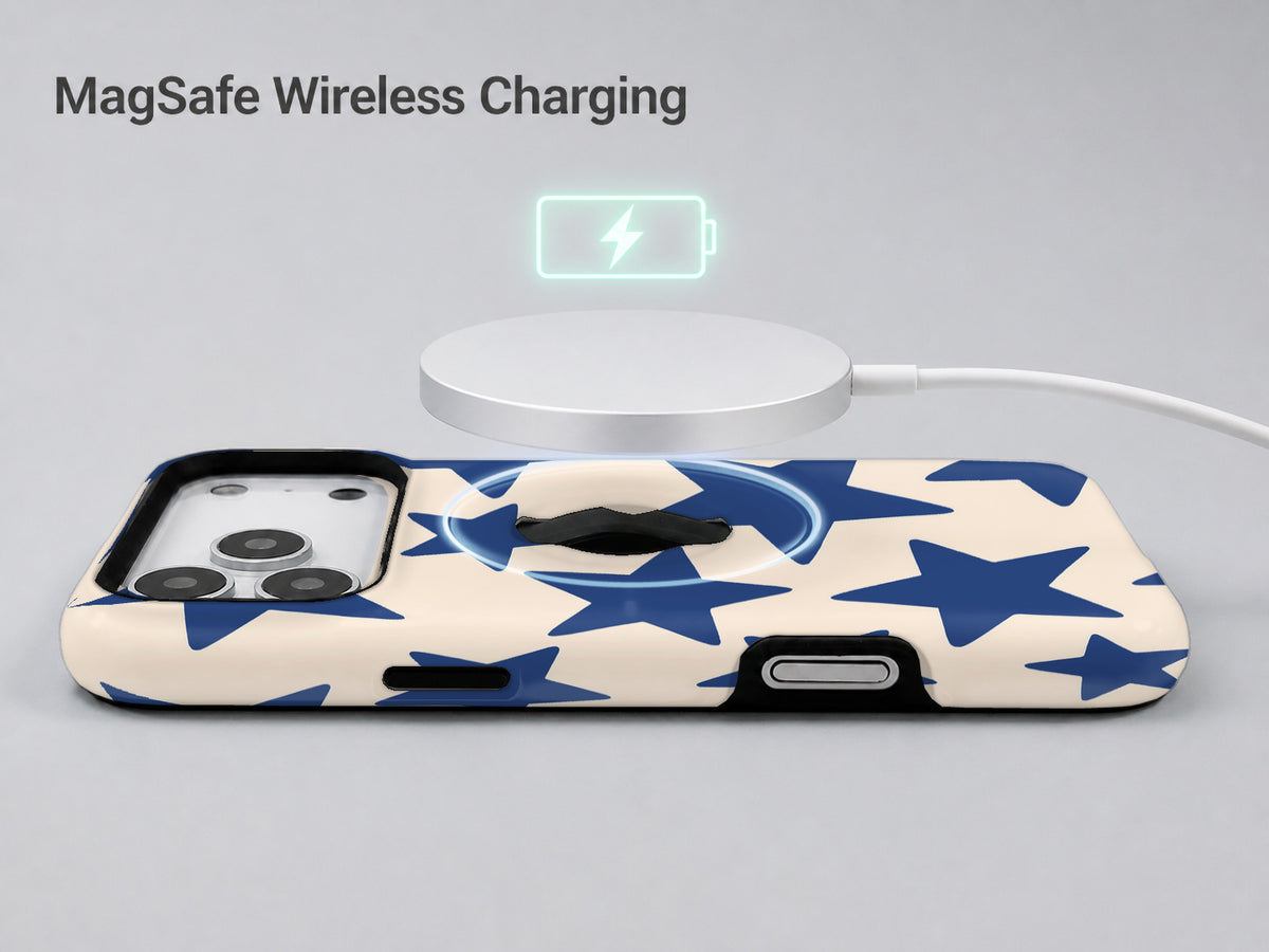 Blue Star Pattern MagSafe Loop iPhone Case shown with a MagSafe-compatible wireless charger attached