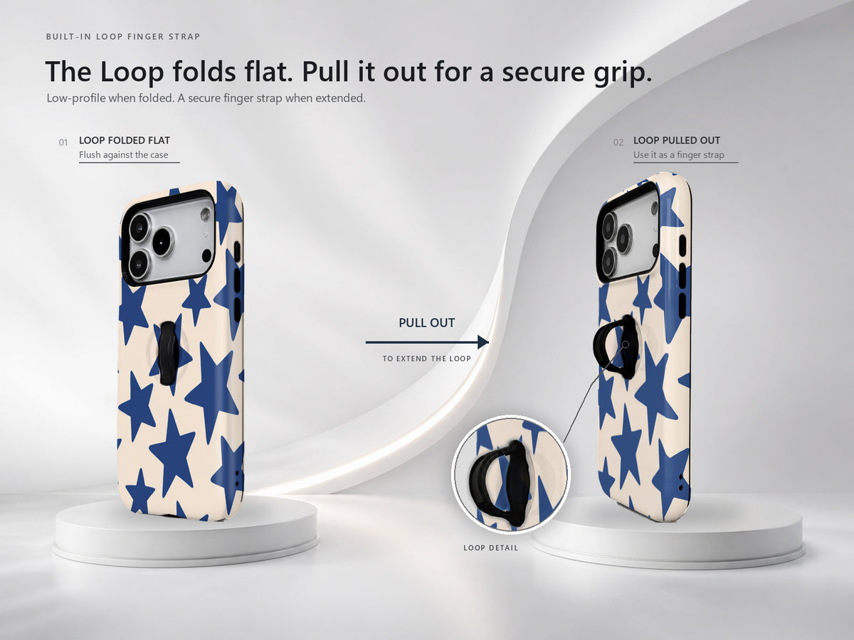 Blue Star Pattern MagSafe Loop iPhone Case side view showing the built-in finger loop