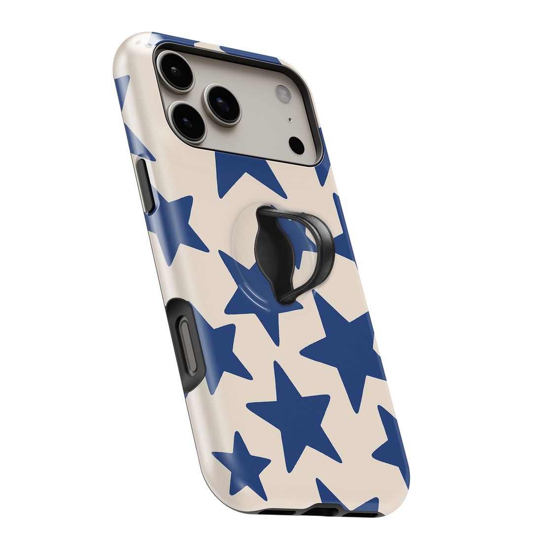 Blue Star Pattern MagSafe Loop iPhone case with built-in finger loop open