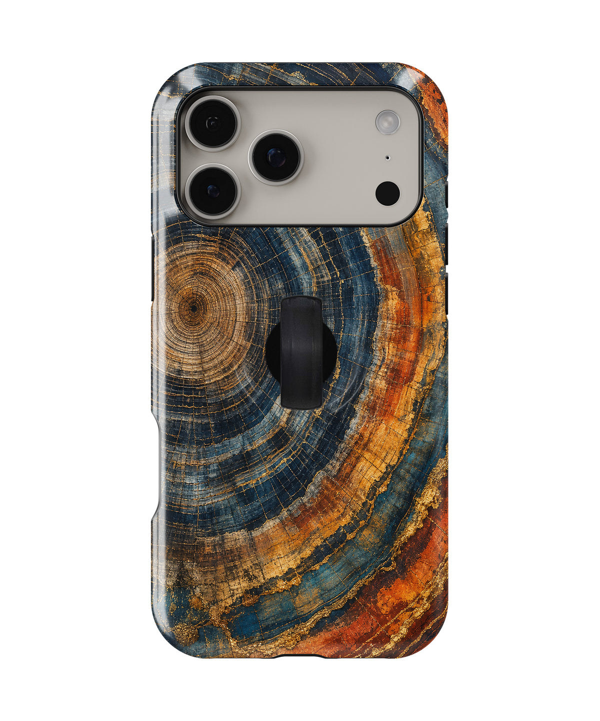 Blue Tiger Eye Stone MagSafe Loop iPhone Case with built-in finger loop closed