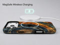 Blue Tiger Eye Stone MagSafe Loop iPhone Case shown with a MagSafe-compatible wireless charger attached
