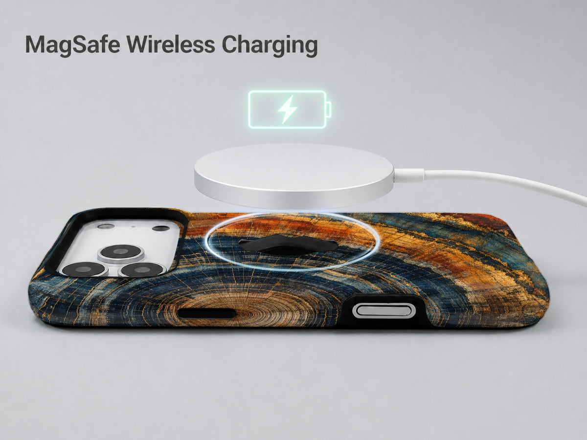 Blue Tiger Eye Stone MagSafe Loop iPhone Case shown with a MagSafe-compatible wireless charger attached