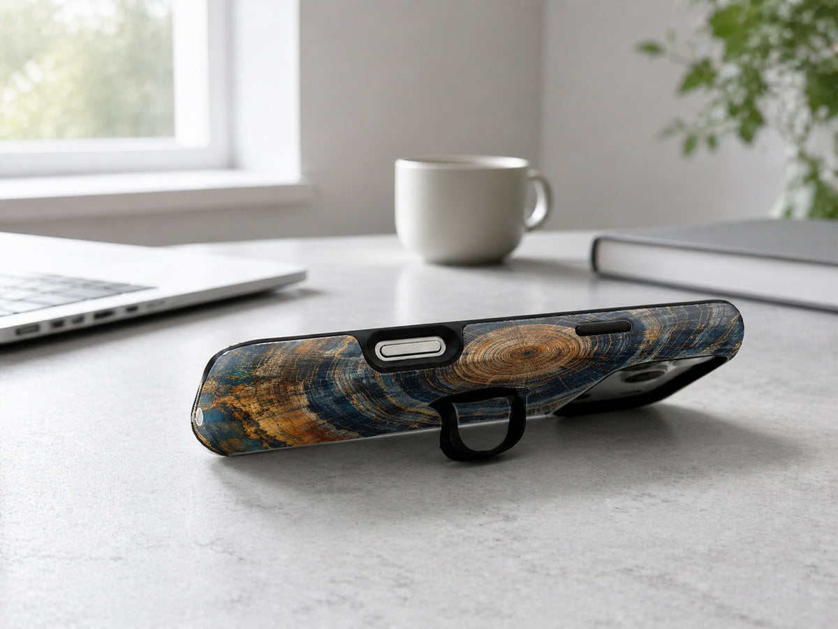 Blue Tiger Eye Stone MagSafe Loop iPhone Case shown in a neutral white professional lifestyle setting