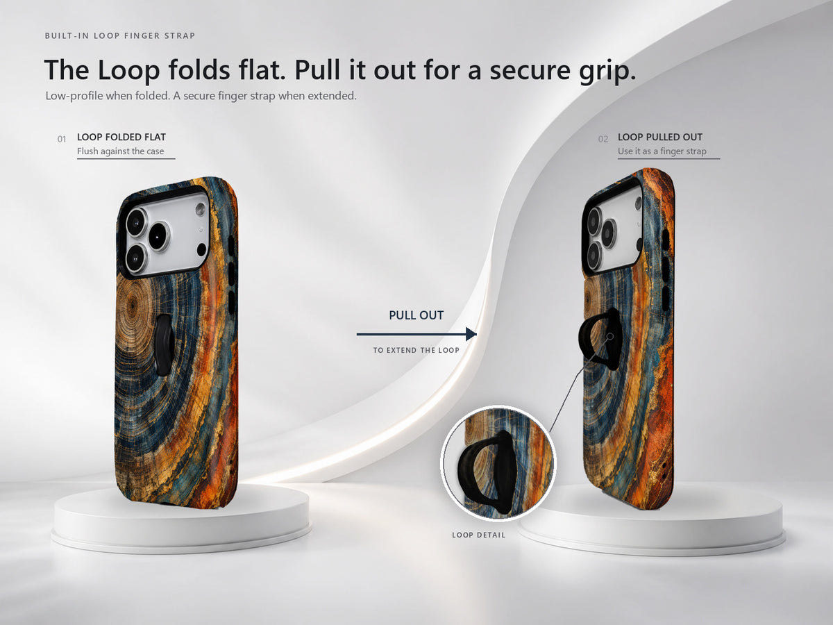 Blue Tiger Eye Stone MagSafe Loop iPhone Case side view showing the built-in finger loop