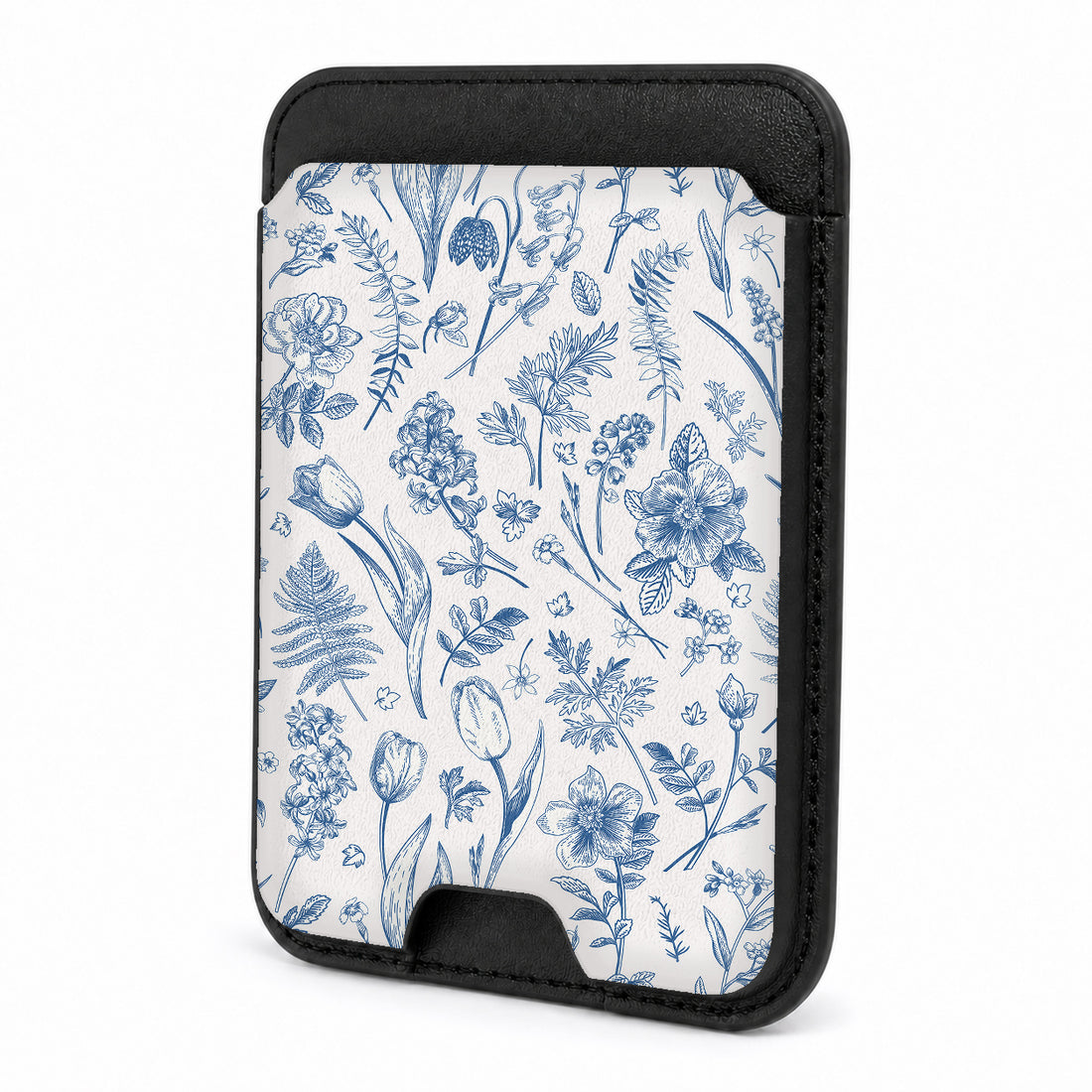 Front view of the Blue Toile Wildflower MagSafe card holder on a white background