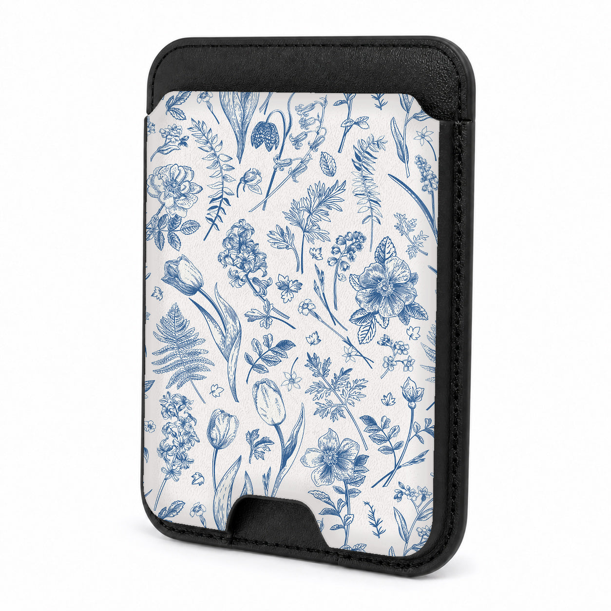 Front view of the Blue Toile Wildflower MagSafe card holder on a white background