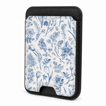 Front view of the Blue Toile Wildflower MagSafe card holder on a white background