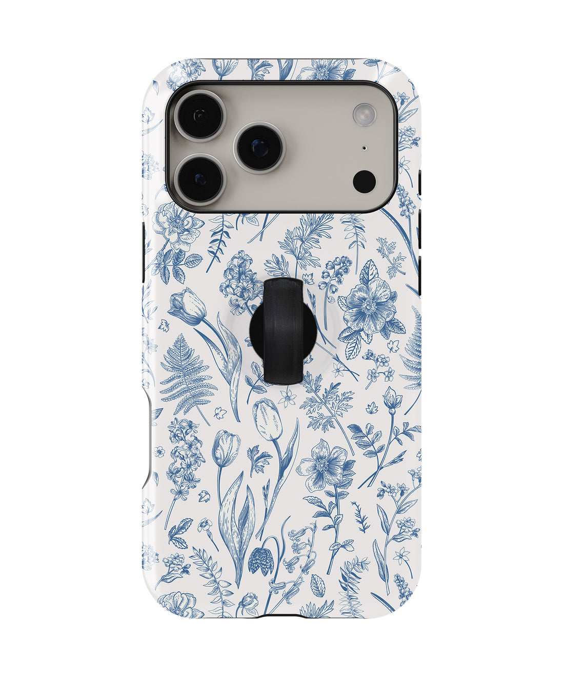 Blue Toile Wildflower MagSafe Loop iPhone Case with built-in finger loop closed