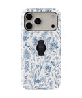 Blue Toile Wildflower MagSafe Loop iPhone Case with built-in finger loop closed