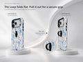 Blue Toile Wildflower MagSafe Loop iPhone Case side view showing the built-in finger loop