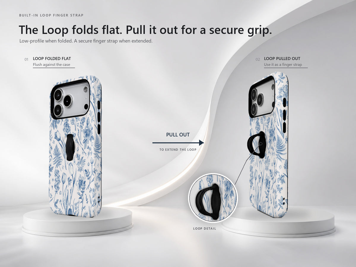 Blue Toile Wildflower MagSafe Loop iPhone Case side view showing the built-in finger loop