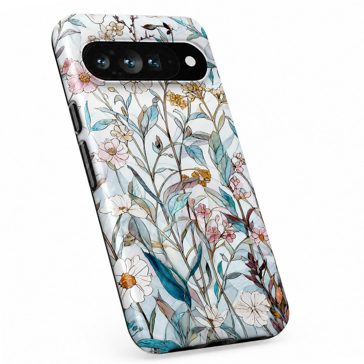 Blue White Daisy Wildflower Google Pixel case with botanical flowers and leaves