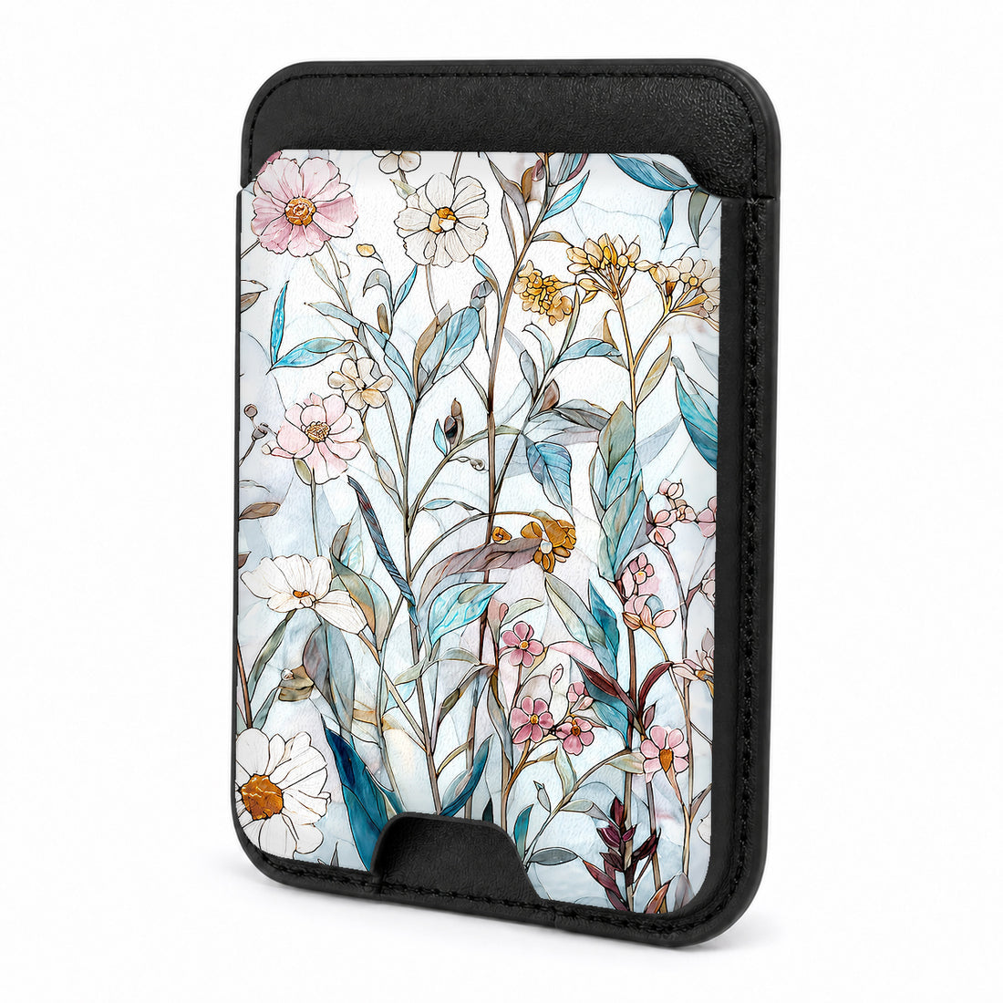 Front view of the Blue White Daisy Wildflower MagSafe card holder on a white background