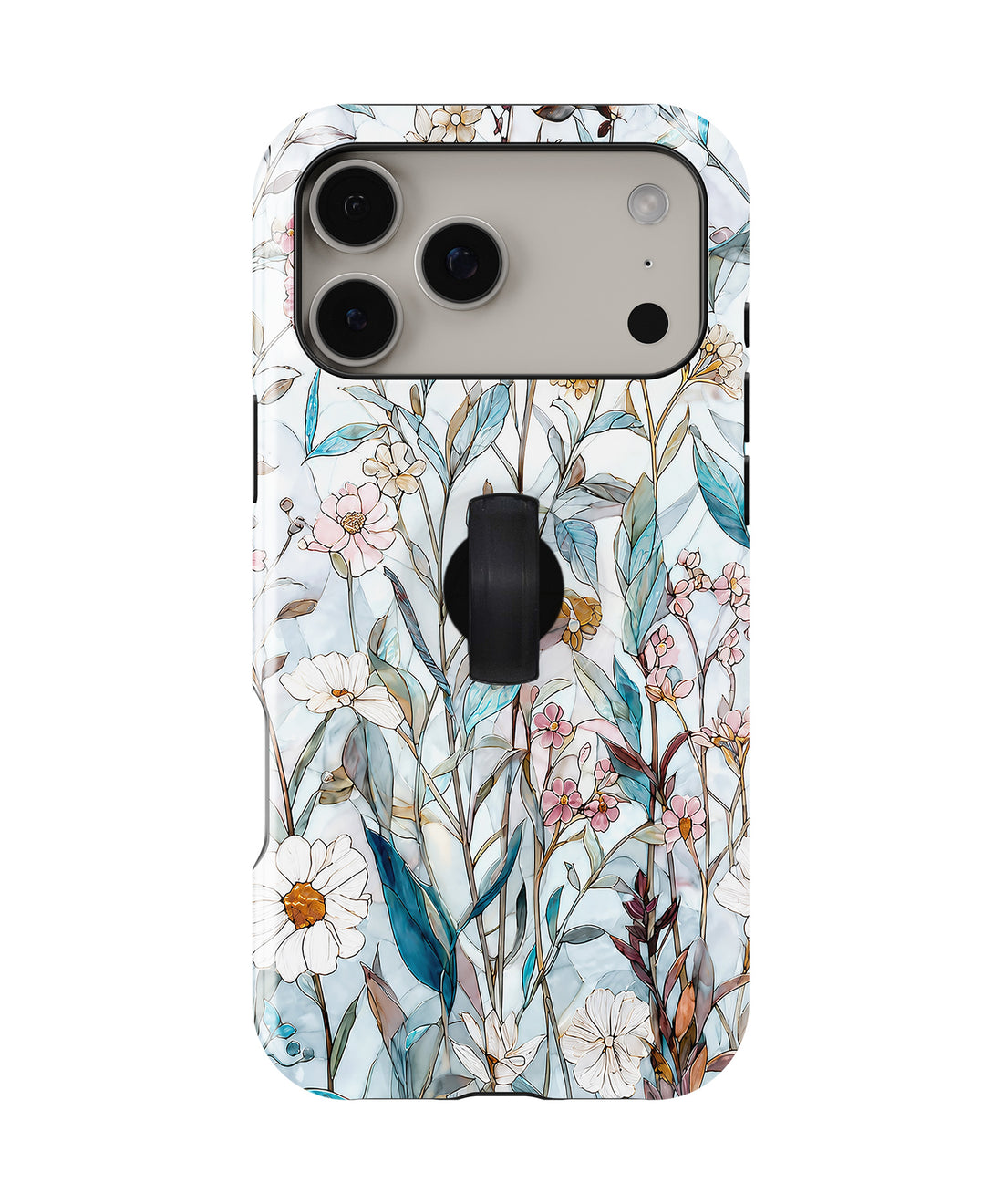 Blue White Daisy Wildflower MagSafe Loop iPhone Case with built-in finger loop closed