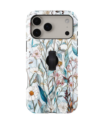 Blue White Daisy Wildflower MagSafe Loop iPhone Case with built-in finger loop closed