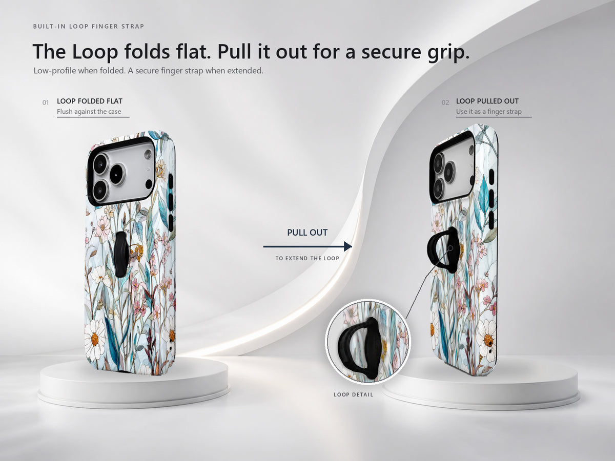 Blue White Daisy Wildflower MagSafe Loop iPhone Case side view showing the built-in finger loop