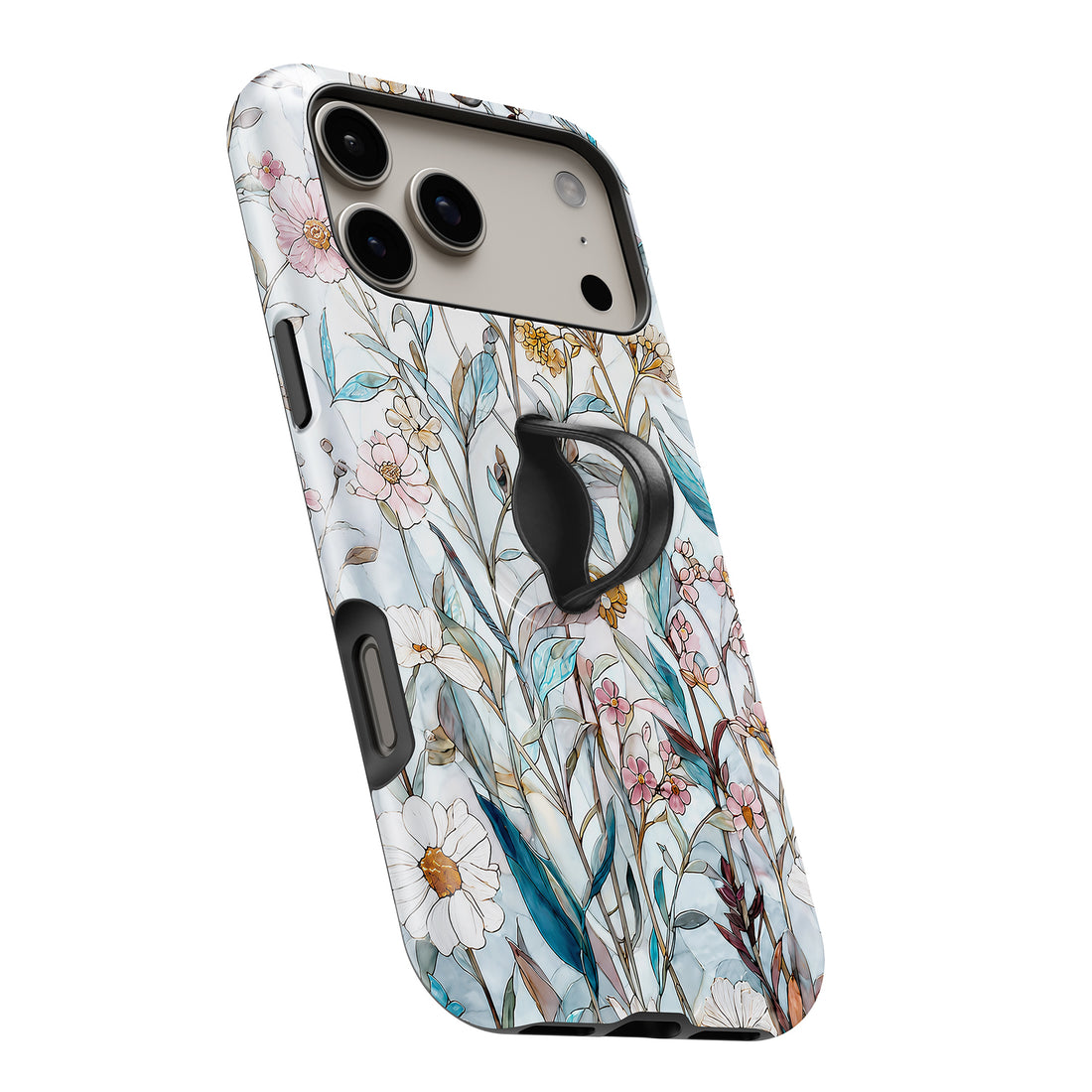 Blue White Daisy Wildflower MagSafe Loop iPhone case with built-in finger loop open