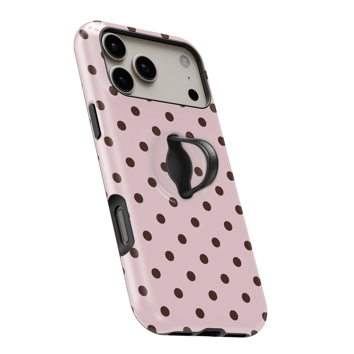 Blush Dark Brown Polka Dots MagSafe Loop iPhone Case - angled view