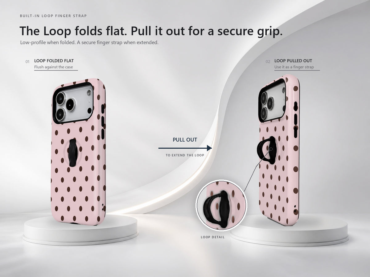Blush Dark Brown Polka Dots MagSafe Loop iPhone Case - finger loop detail