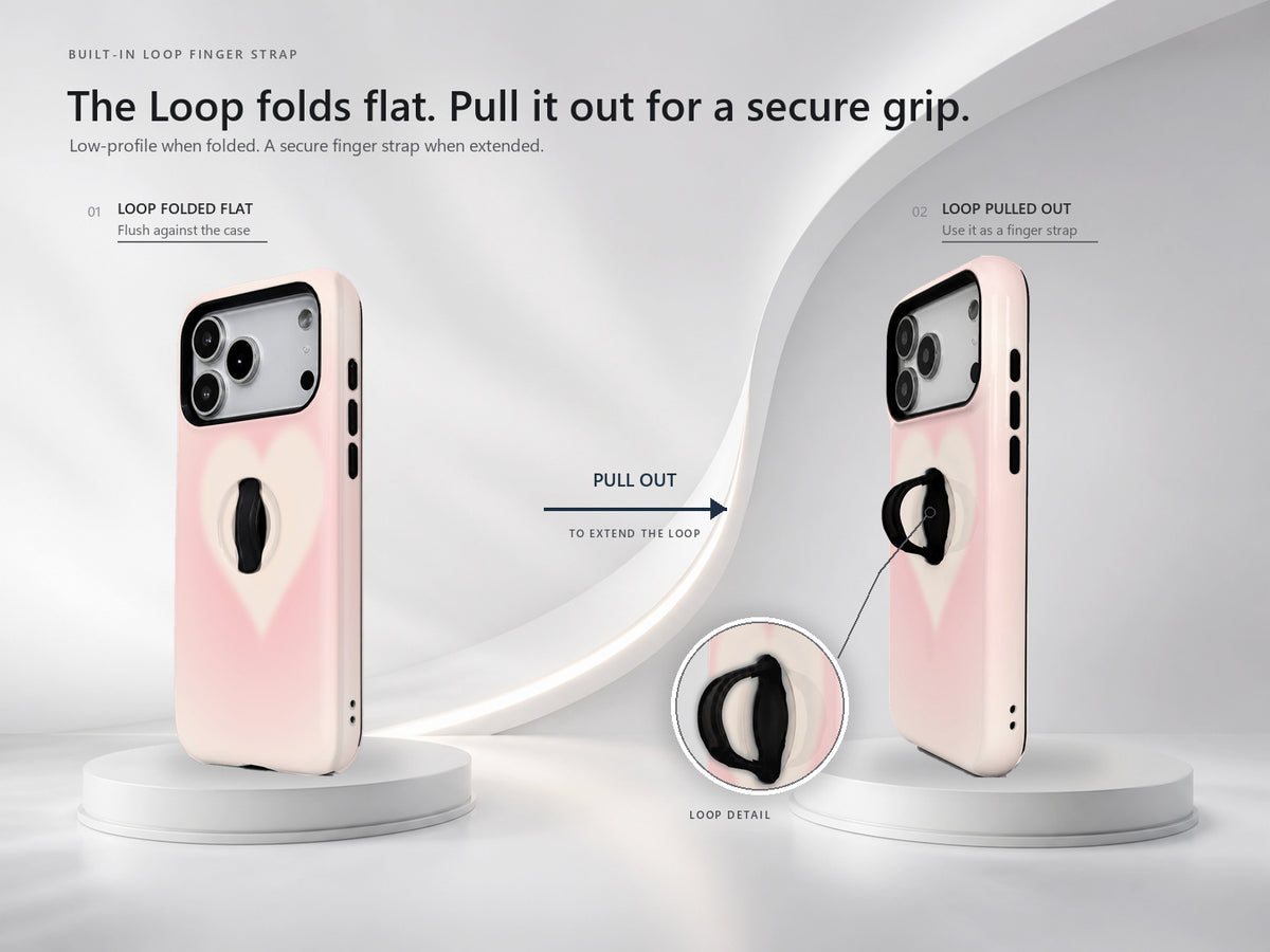 Blush Pink Abstract Gradient MagSafe Loop iPhone Case side view showing the built-in finger loop