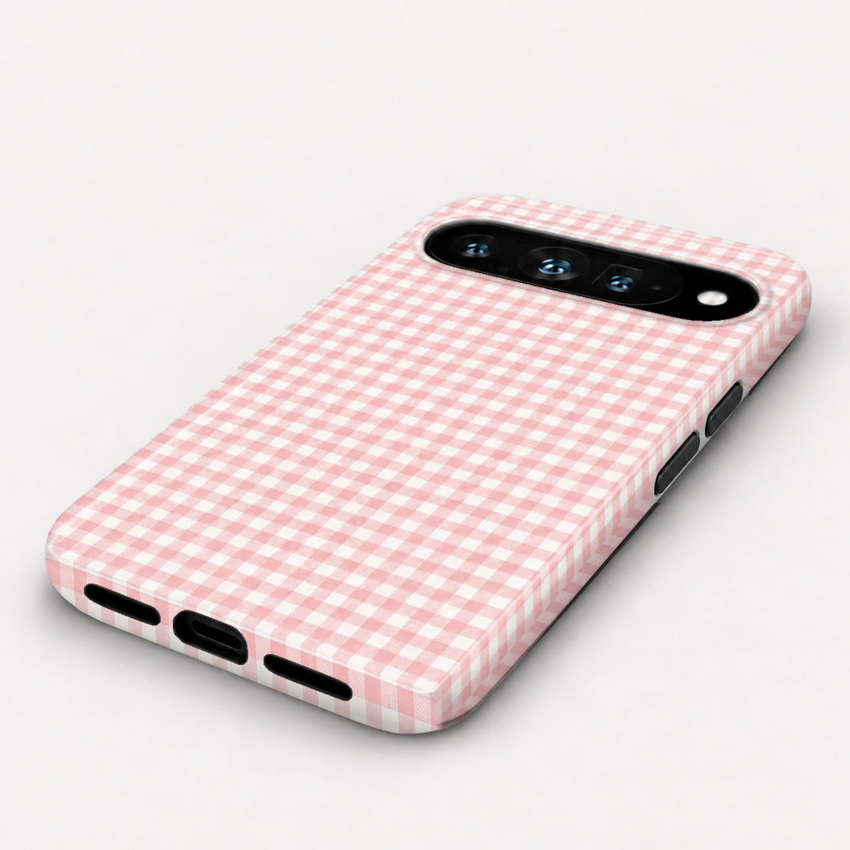 Blush Pink and White Gingham Google Pixel Case - angled bottom view