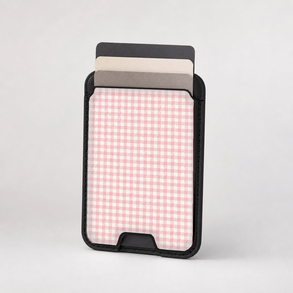Blush Pink and White Gingham MagSafe Card Holder, card storage shown with cards