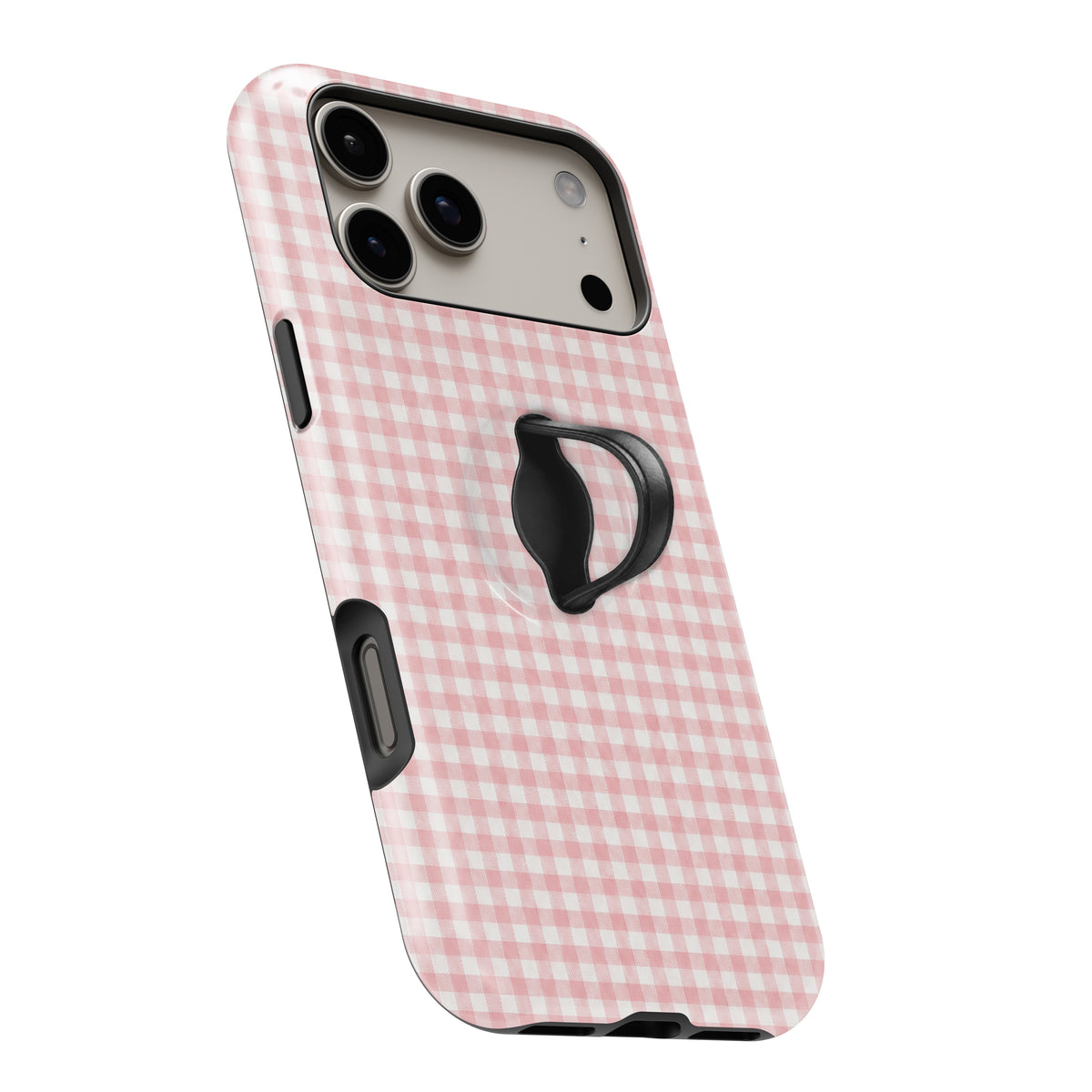 Blush Pink and White Gingham MagSafe Loop Case, angled view with finger loop extended