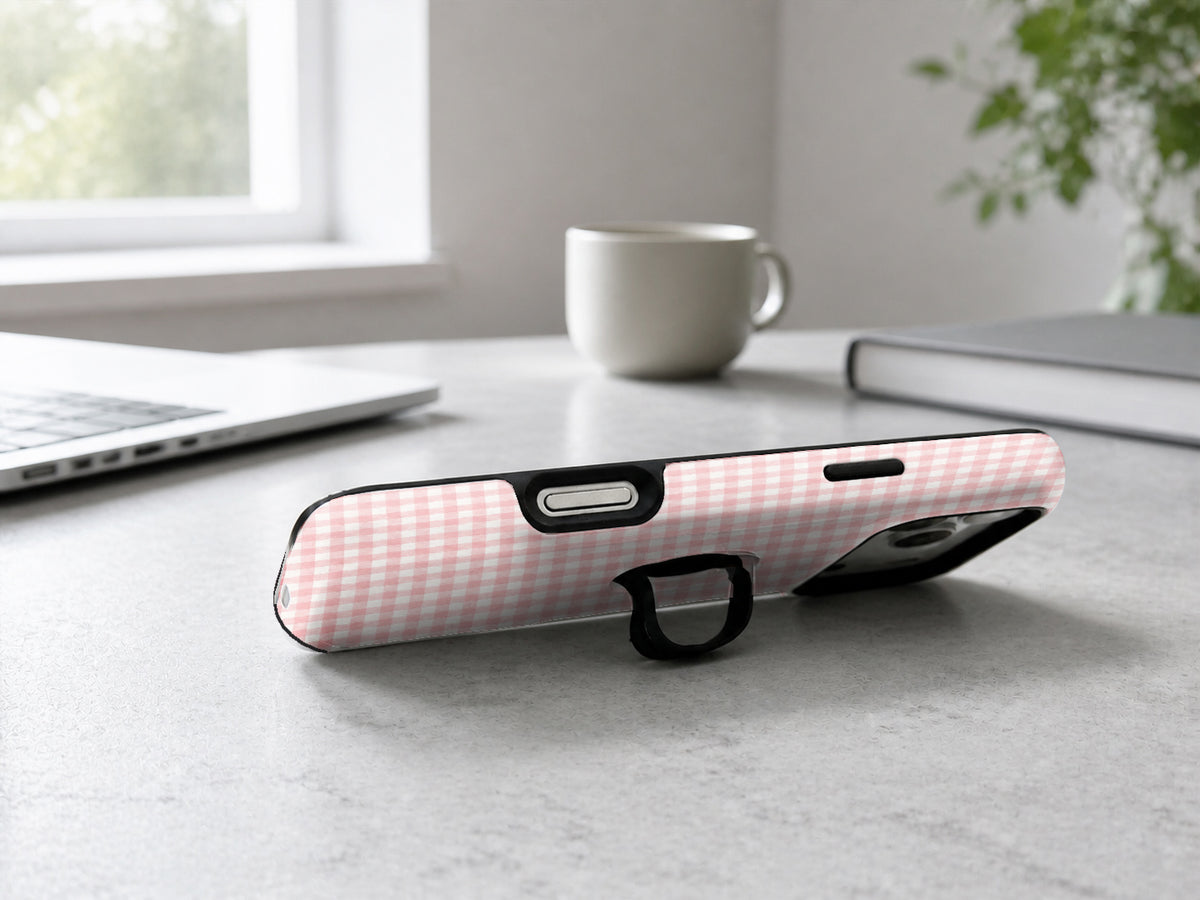 Blush Pink and White Gingham MagSafe Loop Case, shown as a hands-free kickstand