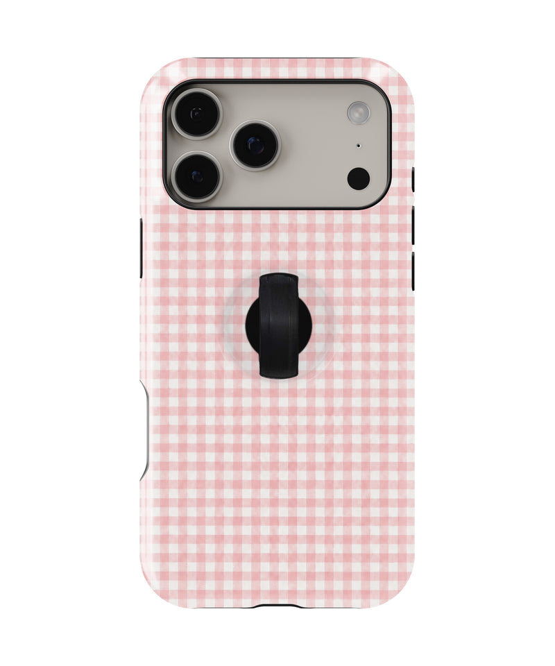 Blush Pink and White Gingham MagSafe Loop Case, rear view with finger loop folded flat