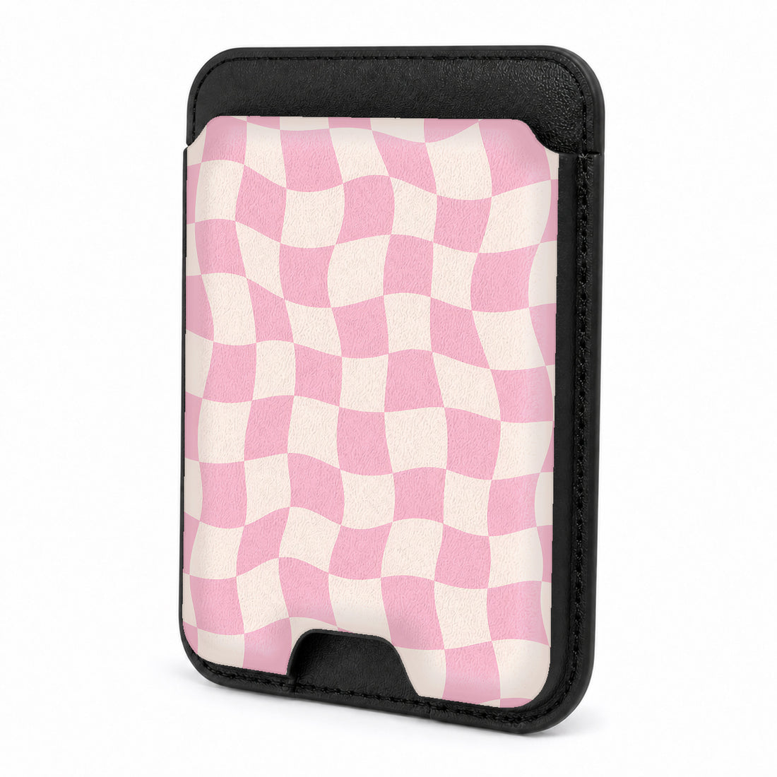 Front view of the Blush Pink Checkerboard MagSafe card holder on a white background