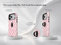 Blush Pink Checkerboard MagSafe Loop iPhone Case side view showing the built-in finger loop