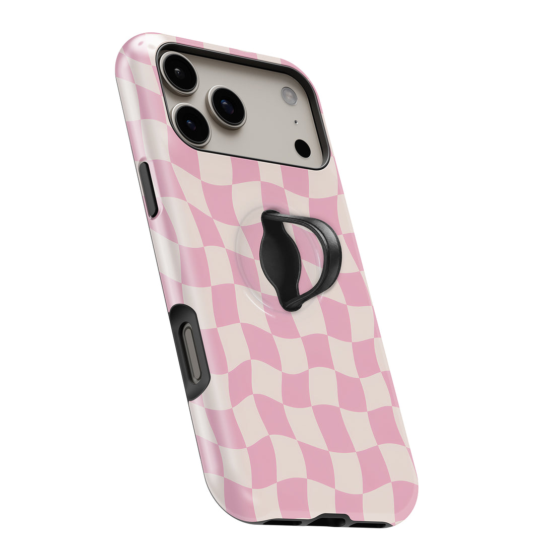 Blush Pink Checkerboard MagSafe Loop iPhone case with built-in finger loop open