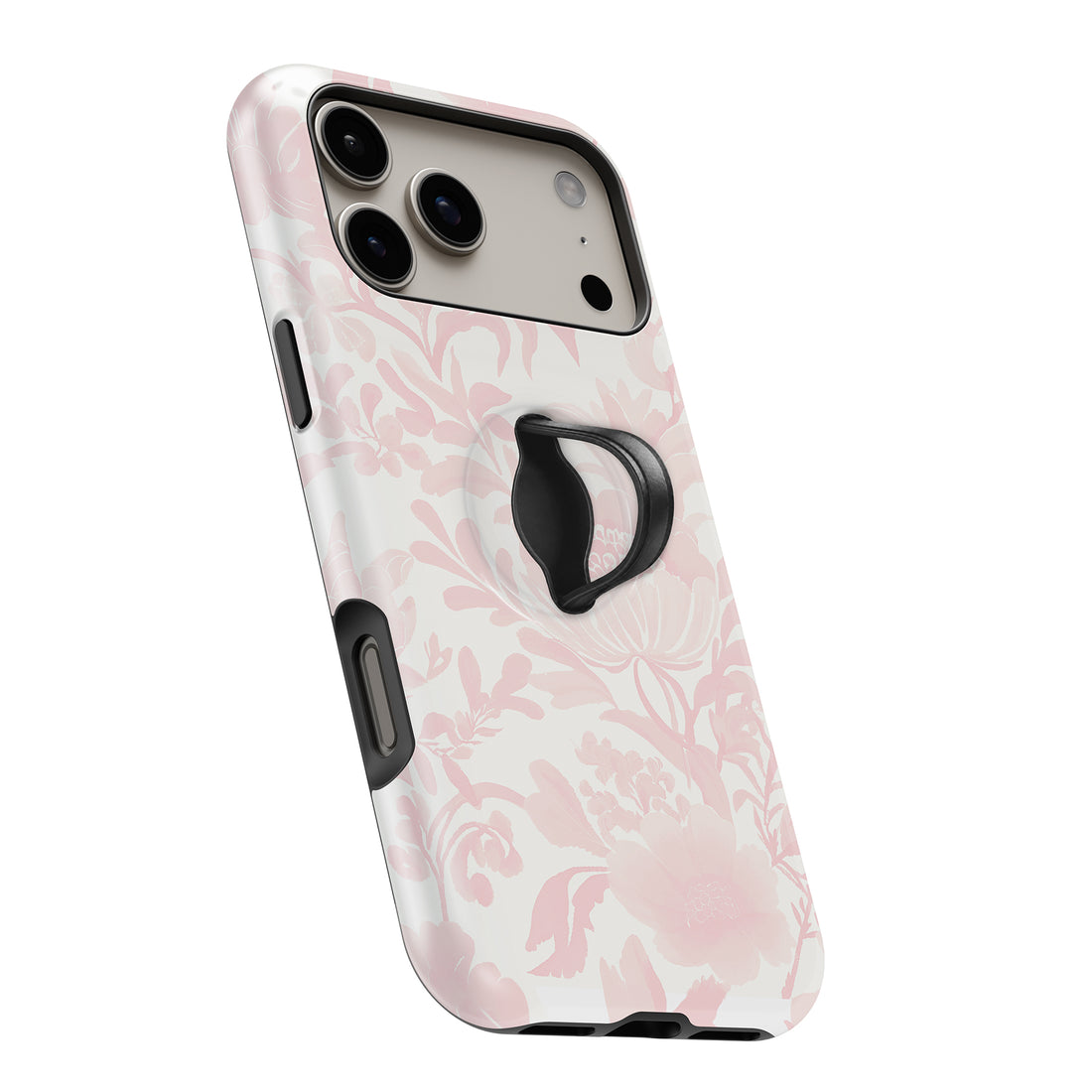 Blush Pink Chinoiserie Floral MagSafe Loop iPhone case with built-in finger loop open