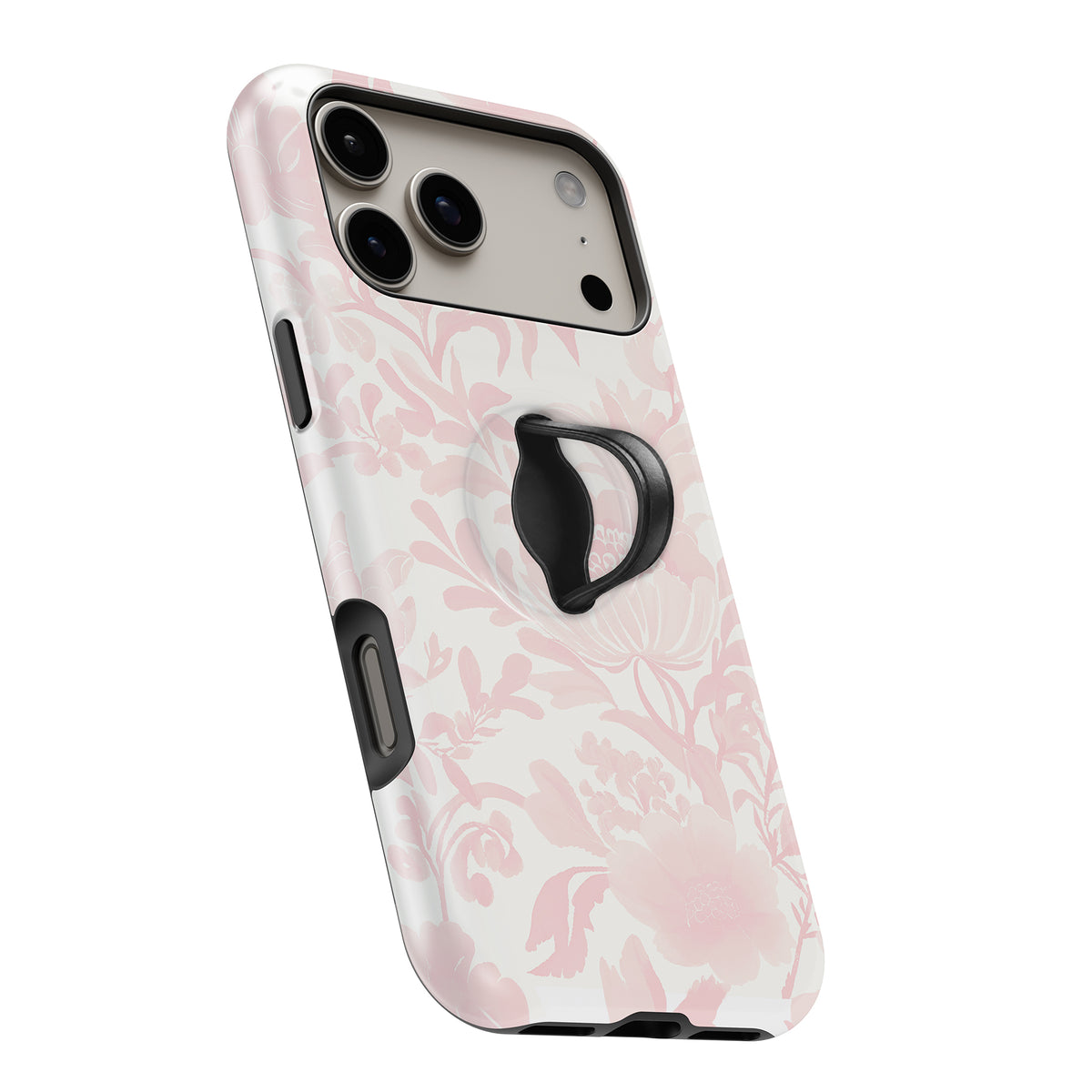 Blush Pink Chinoiserie Floral MagSafe Loop iPhone case with built-in finger loop open