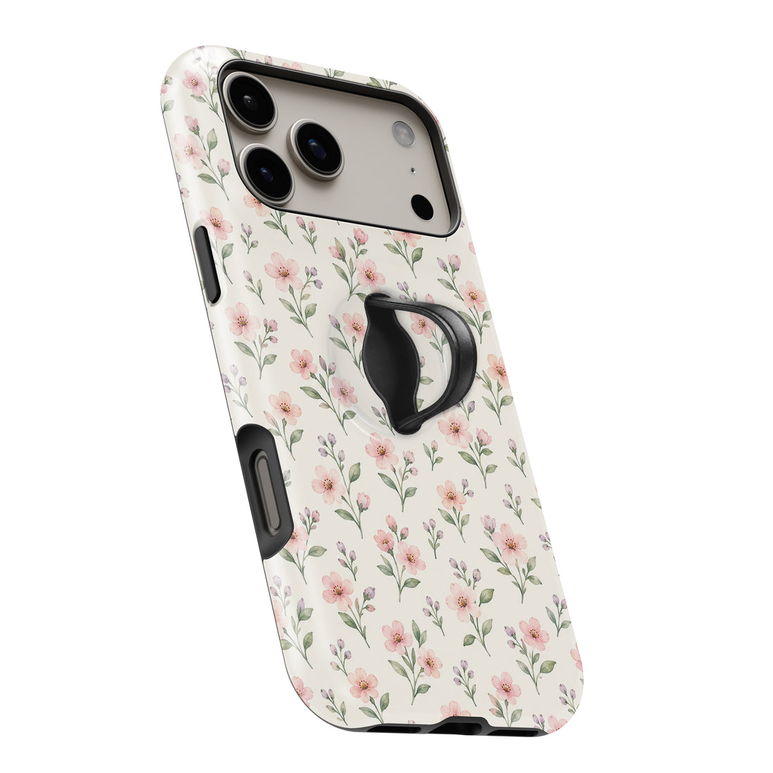 Blush Pink Ditsy Floral MagSafe Loop Case, angled view with finger loop extended