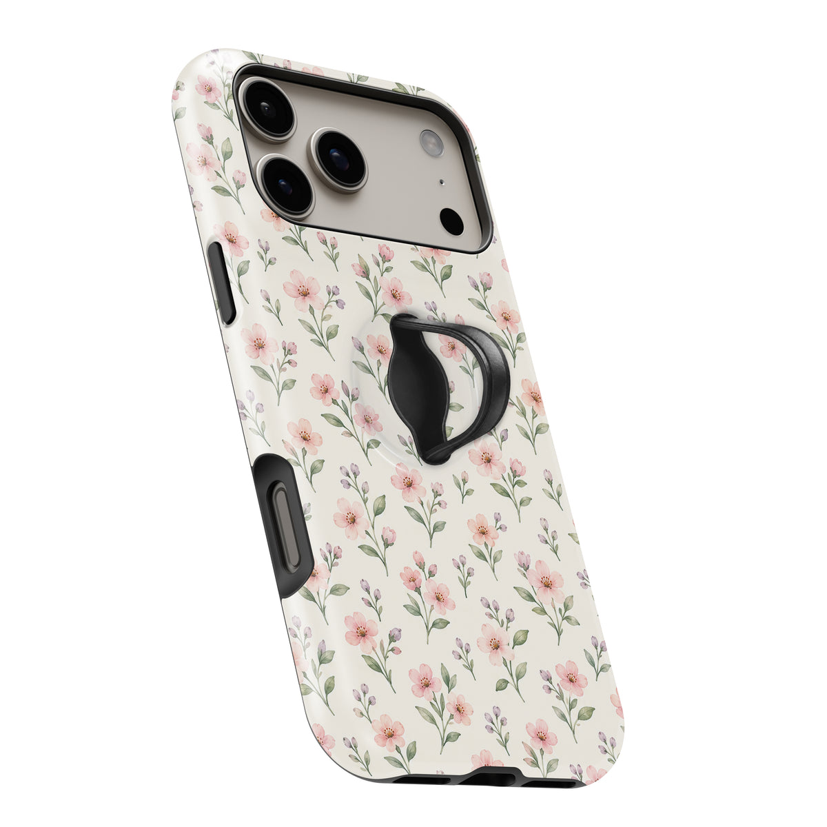 Blush Pink Ditsy Floral MagSafe Loop Case, angled view with finger loop extended