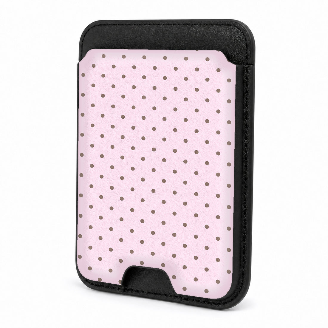 Front view of the Blush Pink Mini Polka Dot MagSafe card holder on a white background
